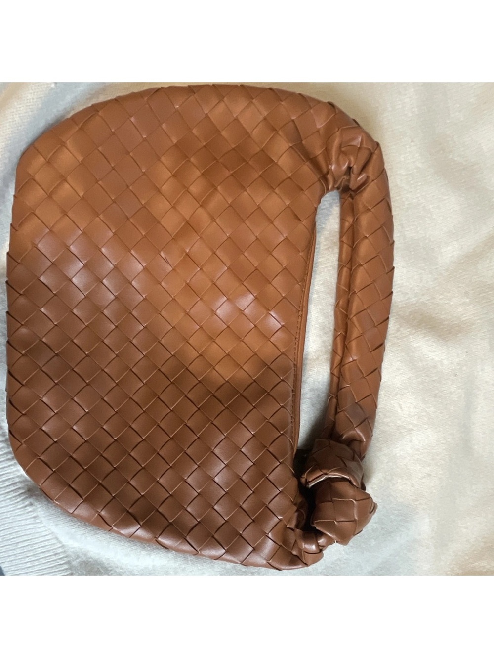 Woven Leather Knot Handle Shoulder Bag - Cognac Brown